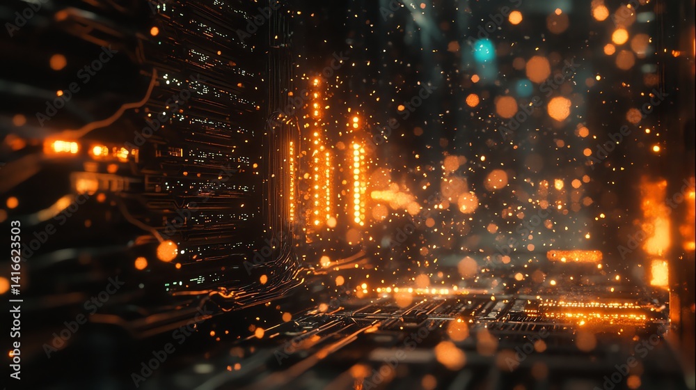 Fototapeta premium Illuminated Circuit Board with Glowing Lights and Data Flowing