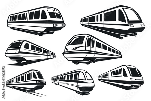 Collection of Stylized Black and White Modern Trains and Transportation Vehicles