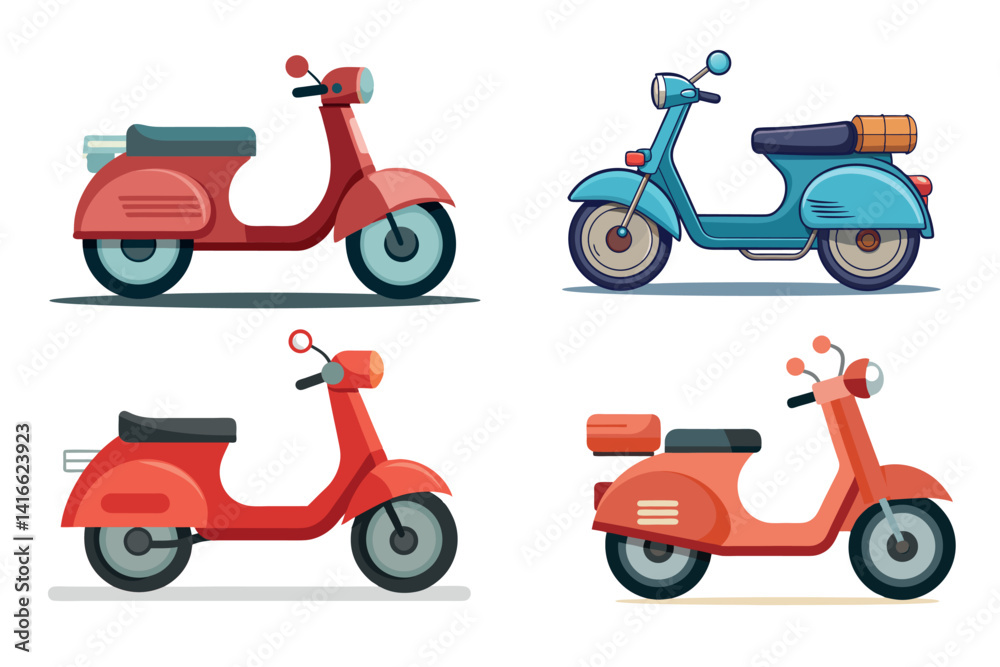 Obraz premium Four brightly colored retro scooters in different shades of red and blue