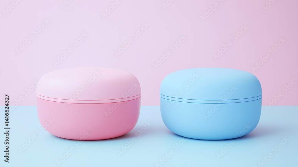 pastel minimalist presentation of two cosmetic containers in pink and blue offering a clean and simple style perfect for beauty product advertising or brand promotion on a smooth surface pastel minimalist presentation of two cosmetic containers in pink and blue offering a clean and simple style perfect for beauty product advertising or brand promotion on a smooth surface