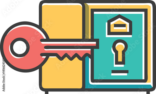 Modern Cartoon Key Inserting Lock with House Symbol Design on White Background