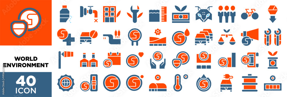 Fototapeta premium WORLD ENVIRONMENT icon set with various styles and colors Microplastics, Scarcity , Office , Restoration , Sea level, Money, Endangered, Overpopulation, Bycicle, Natural resources,