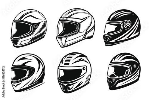 Collection of Black and White Line Art Motorcycle and Racing Helmets