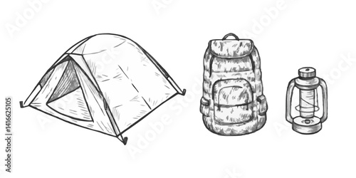 Hand-drawn camping gear like tent, backpack sketch illustration. Vintage-style etching, perfect for packaging, prints, menus, and digital designs.