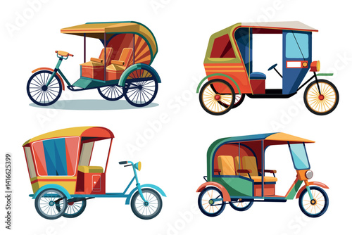Diverse Collection of Colorful and Stylized Auto Rickshaws and Cycle Rickshaws