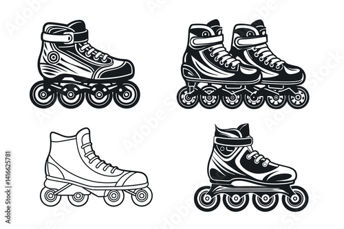 Detailed Black and White Inline Skate Vectors for Sporting Equipment Design