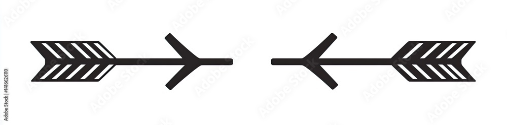 Pair of opposing arrows with striped fletching. Simple, bold design Pair of opposing arrows with striped fletching. Simple, bold design