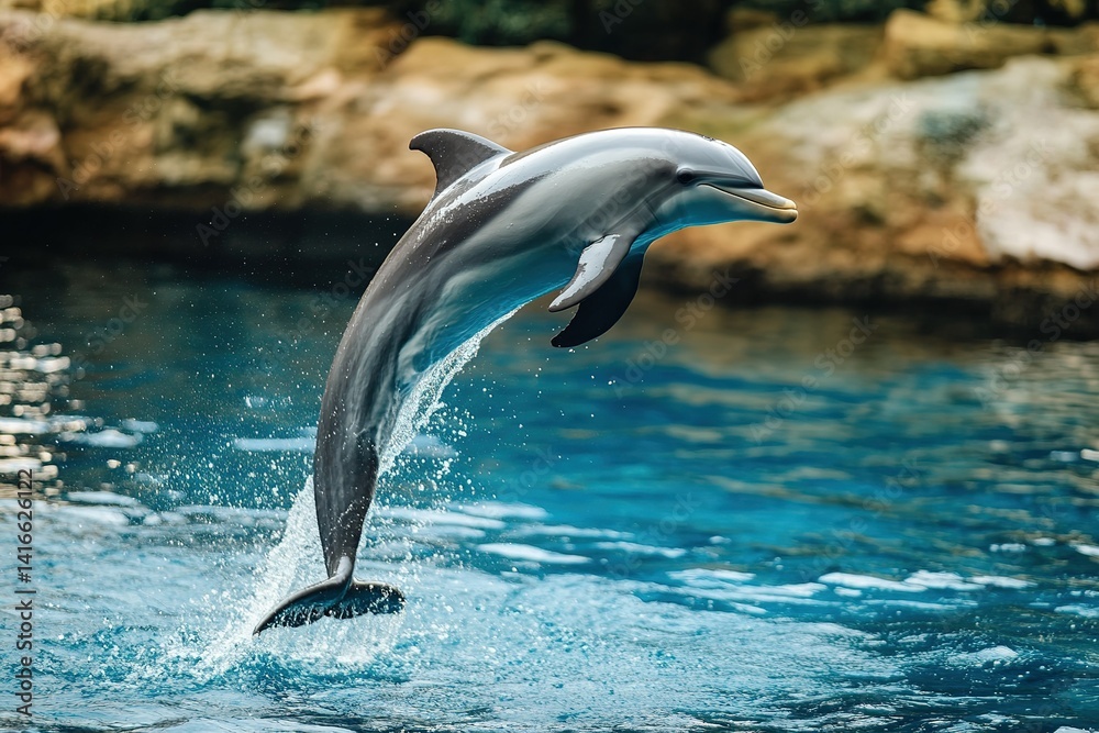 Obraz premium A playful dolphin leaping out of the water, its body twisting mid-air in a joyful jump