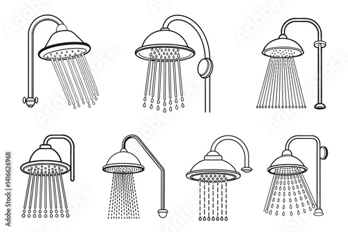 Collection of Various Shower Head Designs with Water Streams and Drops