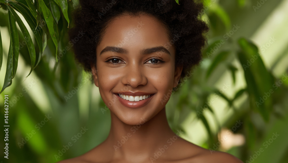 African American young woman smilling, close up potrait against green tropacal leaf. Natural skin care products concept African American young woman smilling, close up potrait against green tropacal leaf. Natural skin care products concept