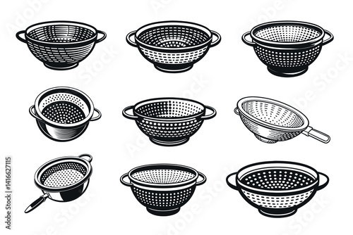 Monochrome vector illustration of strainer, kitchen tools collection for cooking and rinsing food