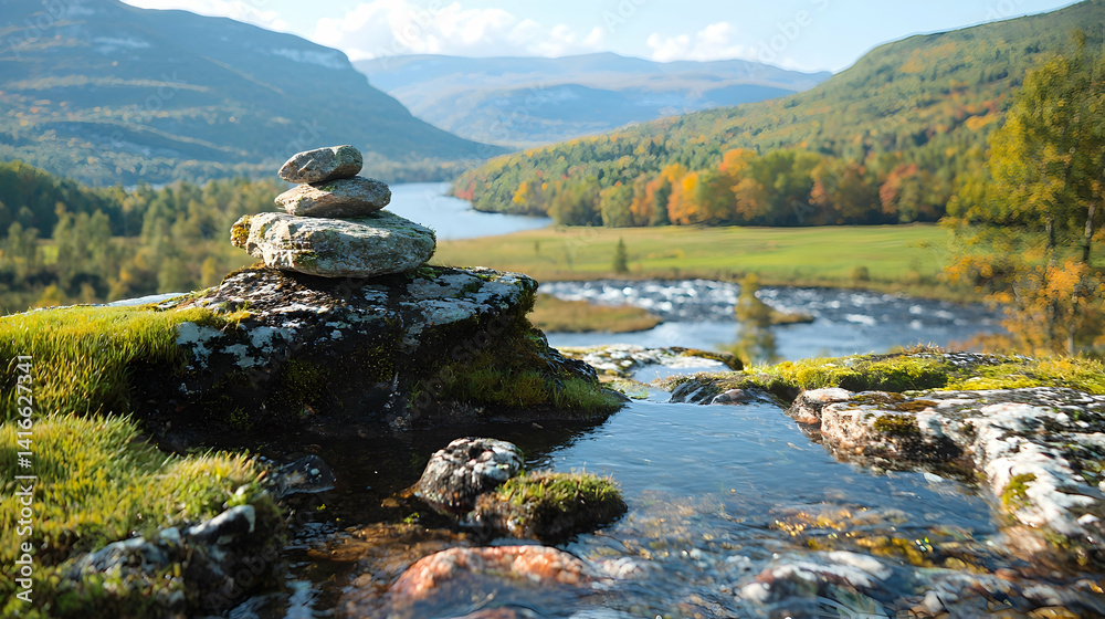 Fototapeta premium Tranquil stream and balanced rocks serene nature landscape photography