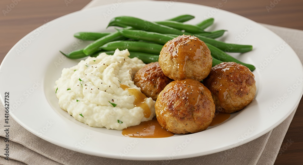 Serving of Meatballs with Mashed Potatoes and Green Beans on Plate Serving of Meatballs with Mashed Potatoes and Green Beans on Plate