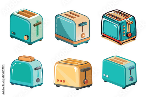 A collection of stylish and colorful cartoon toasters in isometric view