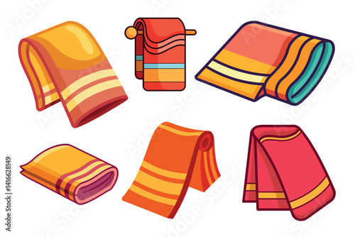 Cartoon Illustration of Neatly Folded and Hung Towels in a Variety of Colors