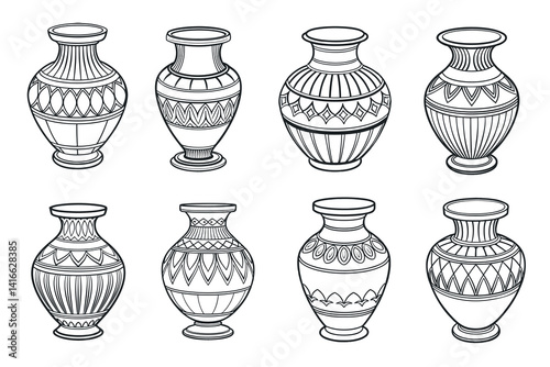 Collection of Hand Drawn Black and White Decorative Vases and Pots
