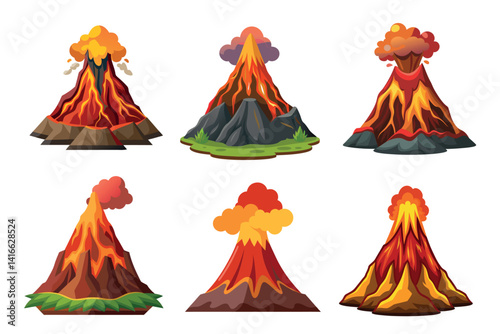 Volcano eruption illustrations featuring hot lava flowing down mountain slopes, different styles