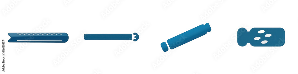 Collection of blue colored cylindrical objects arranged in a row, showcasing different shapes and sizes against a simple background isolated on white or transparent png Collection of blue colored cylindrical objects arranged in a row, showcasing different shapes and sizes against a simple background isolated on white or transparent png