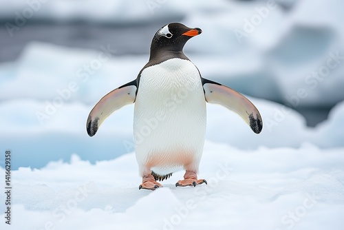 A playful penguin waddling across the ice, with its flippers slightly outstretched