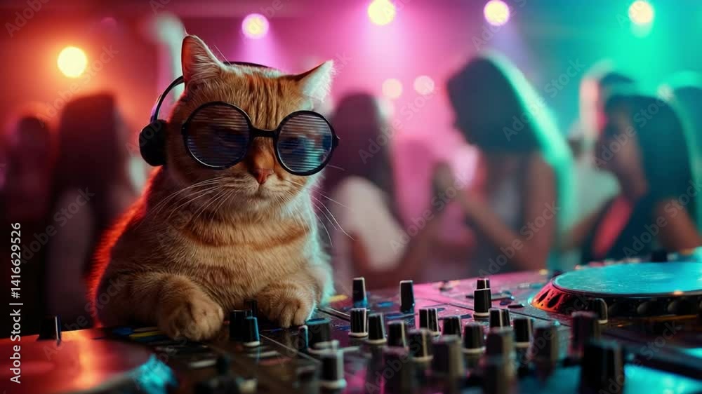 dj at the party, cat in the club, the cat dj is playing music