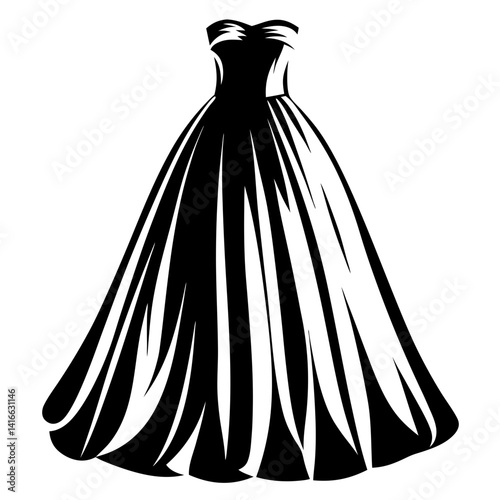 Elegant monochrome gown design with dramatic flair and voluminous skirt