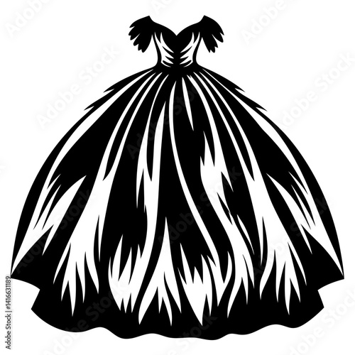 Elegant Black and White Ball Gown Silhouette with Exaggerated Skirt Details
