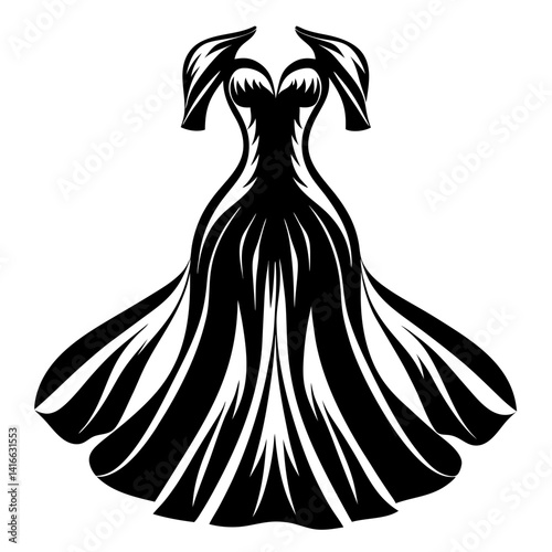 Elegant Black and White Gown Artwork with Flowing Skirt Design