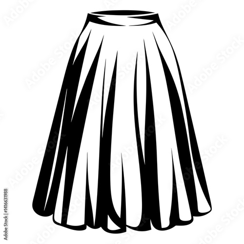 Black and white graphic of a flowing skirt with an elastic band