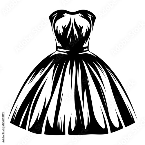 Elegant black and white dress design with strapless bodice and full skirt
