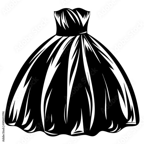 Elegant strapless ball gown illustration in black and white with flowing skirt