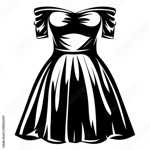 Elegant off the shoulder black dress with a flowing aline skirt
