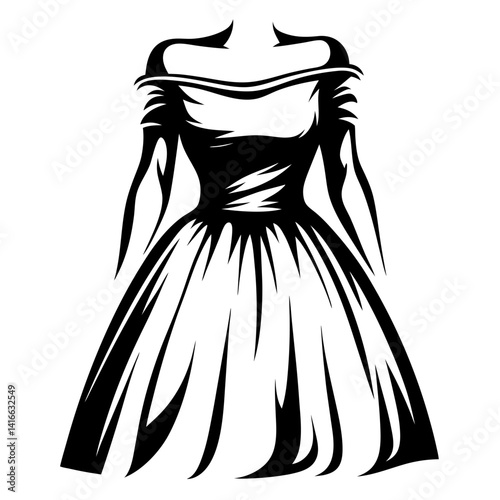 Black and white vector illustration of a dress with off shoulder neckline