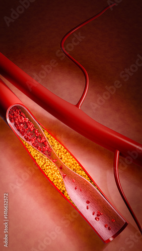 Hyperlipidemia or arteriosclerosis. Blocked artery concept and human blood vessel as a disease with cholesterol fat buildup clogging. Clogged arteries, Cholesterol plaque in the artery. 3D Rendering