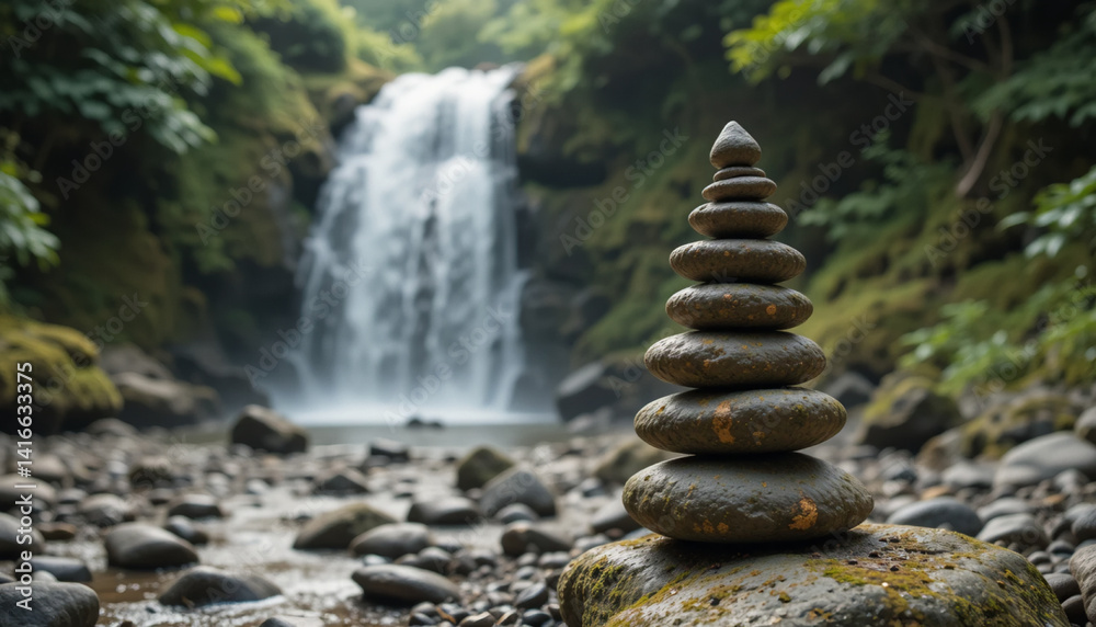 Balanced Stone Cairn in Natures Embrace with Waterfall Backdrop Balanced Stone Cairn in Natures Embrace with Waterfall Backdrop