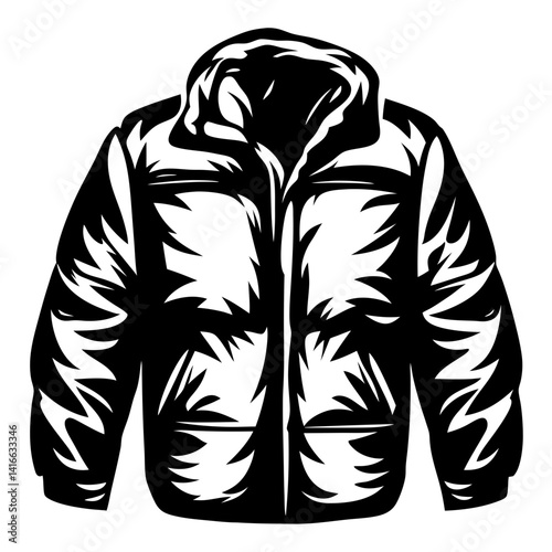 Monochrome illustration of a hooded winter jacket suitable for cold weather