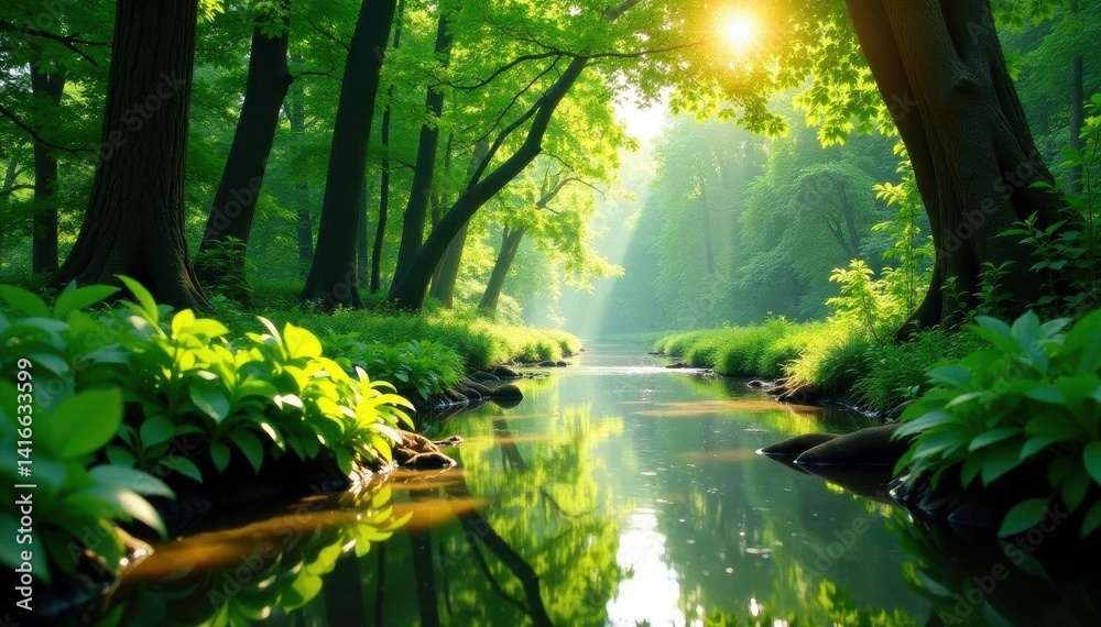 Obraz premium Sun-dappled creek, emerald canopy, tranquil flow, peaceful, flowing