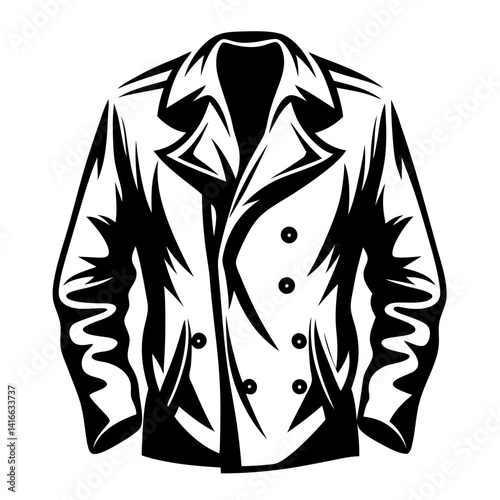 Stylized Illustration of a Double Breasted Trench Coat in Black and White