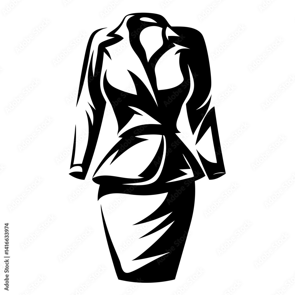 Black and white graphic illustration of a woman's suit ensemble