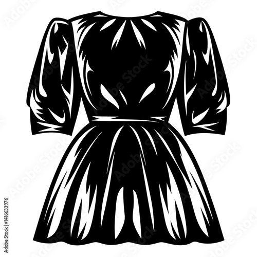 Illustration of a black dress with puffy sleeves and cinched waist