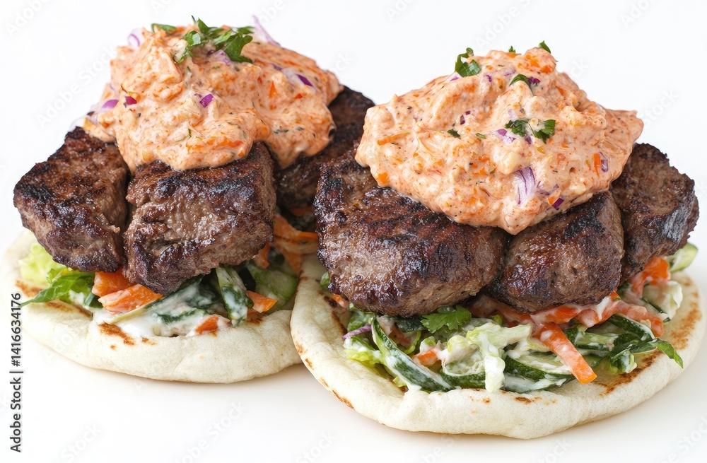 Grilled lamb with creamy sauce on naan bread, served with shredded vegetables Grilled lamb with creamy sauce on naan bread, served with shredded vegetables