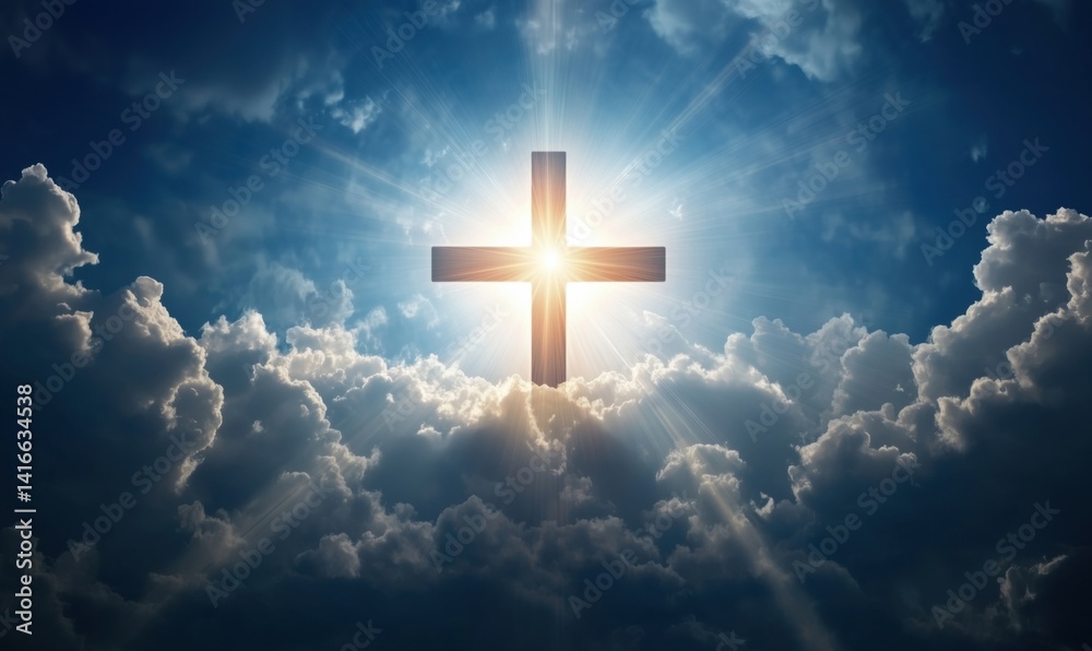 Radiant cross shining through clouds in a dramatic sky with sunlight beams Radiant cross shining through clouds in a dramatic sky with sunlight beams