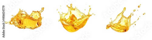 Three vibrant splashes of a golden liquid against a stark white backdrop.  The droplets showcase dynamic motion and texture