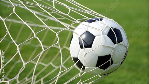 A soccer ball is caught in a goal net, set against a green field background.