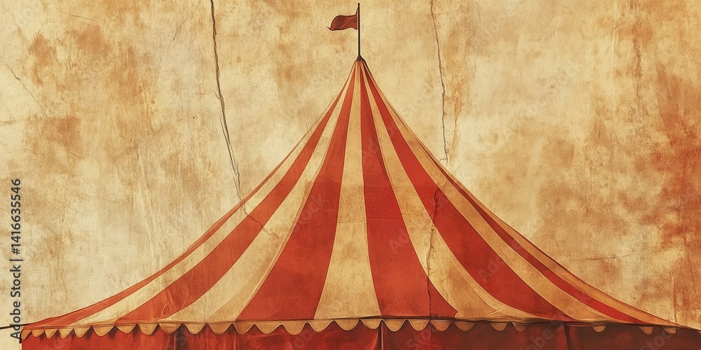 Vintage circus tent with red and white stripes against a textured background