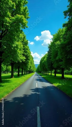 Wallpaper Mural Empty asphalt road cuts through lush green park, vibrant blue sky above , background, stock, sky Torontodigital.ca