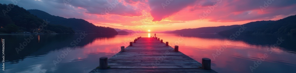 Obraz premium Empty pier extends into still river at dusk, vibrant sunset hues , stillness, pink, quiet