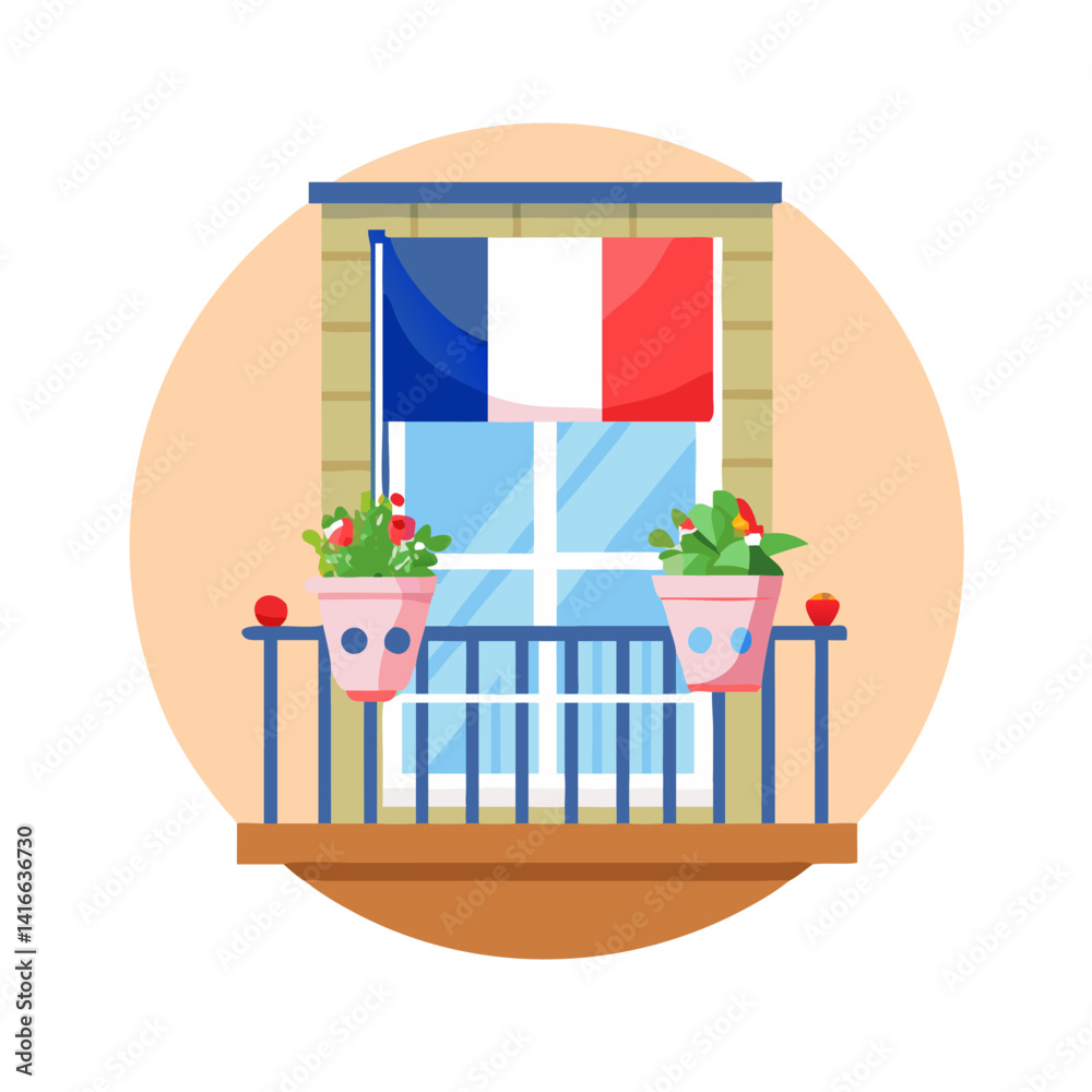 Obraz premium French balcony with flower pots and national flag