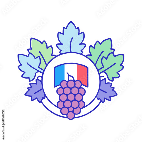 Purple grape cluster with tricolor French flag and leaves