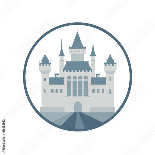 Grey fairytale castle with towers in flat illustration