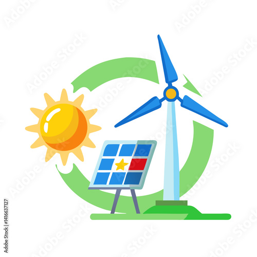 Wind turbine and solar panel with sun icon